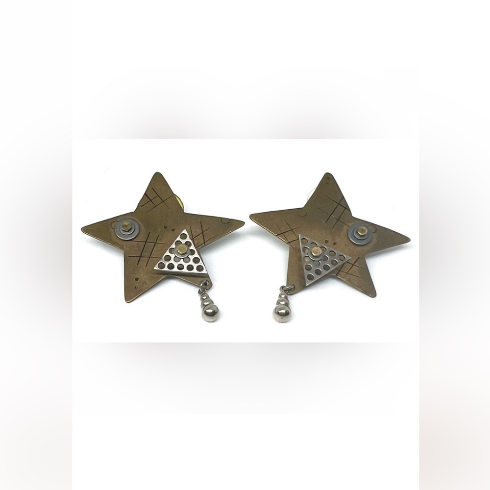 Vintage Artist Signed Thomas Mann Bronze Techno Romantic Star Statement Earrings